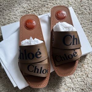 Chloe Woody Flat Logo Ribbon Slide Sandals - Size 37